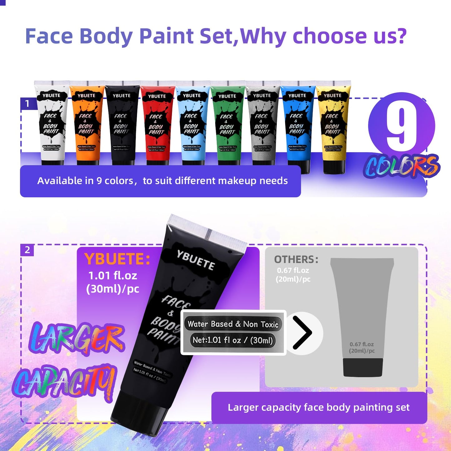 YBUETE 9 Colors Face Body Paint Set, Professional Paint Set for Halloween Cosplay Costume Party, Full-coverage Multi-Color Cream Makeup Blendable Set for Adults Halloween Cosplay SFX Makeup Paint