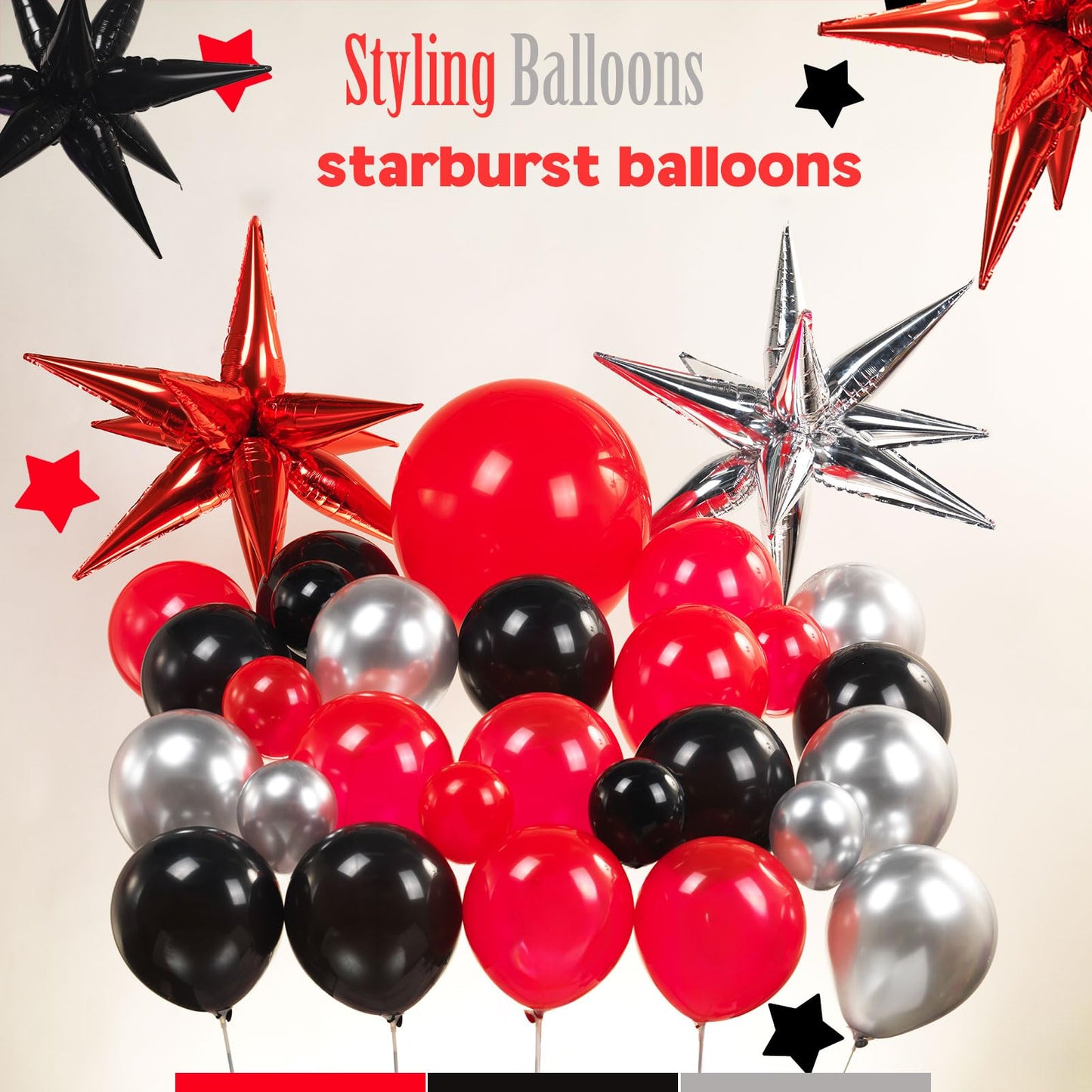 yeewaka black and red silver balloon garland arch kit 150pcs with Starburst Balloons for wedding Casino movie night theme birthday graduations prom 2025 grad Party decorations