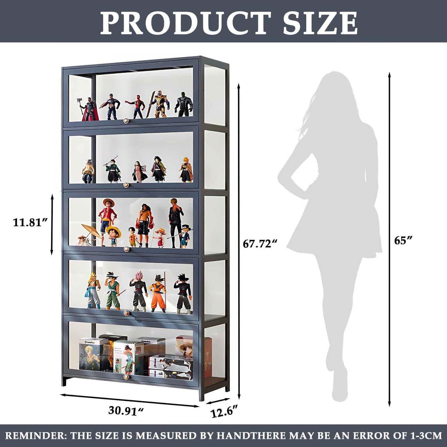5-Tier Display Cabinet, Transparent Display Case with Acrylic Glass Door, Bamboo Curio Cabinet for Collectibles, Display Shelf & Kids Bookcase for Playroom, Bedroom, Living Room, Office