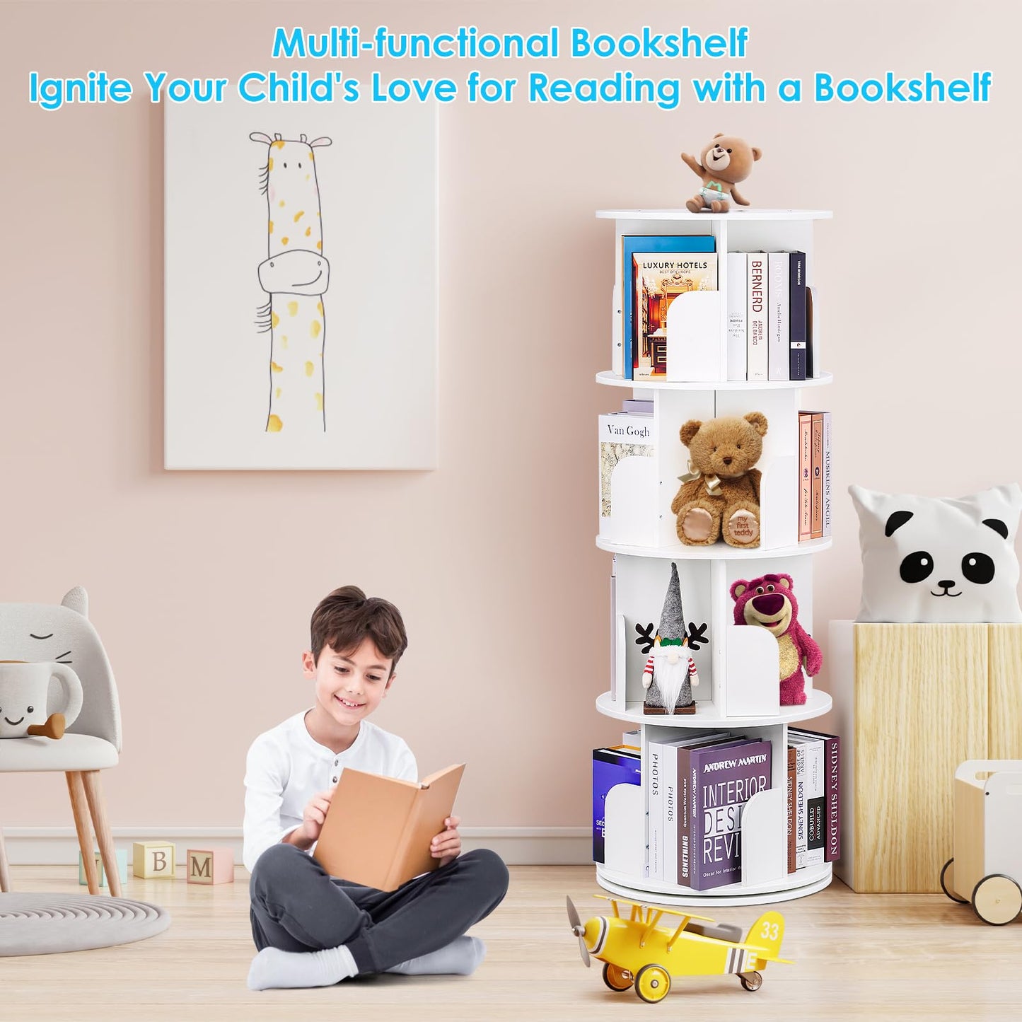 2025 New 4 Tier Rotating Bookshelf kids, Small Corner Bookshelf for Small Space, 360 Display Floor Standing Bookcase Storage Rack, Wood Narrow Book Shelf Organizer for Home Office,Bedroom, Living Room
