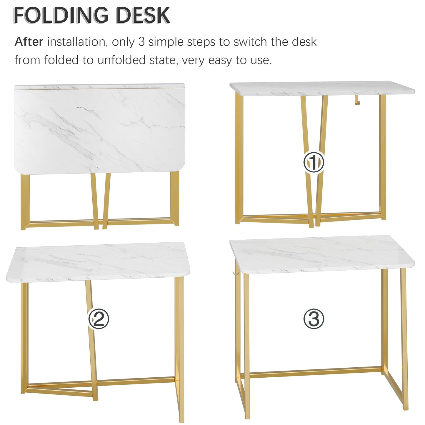 4NM 31.5" Small Folding Desk, Simple Assembly Computer Desk Home Office Desk Study Writing Table for Small Space Offices - White and Golden