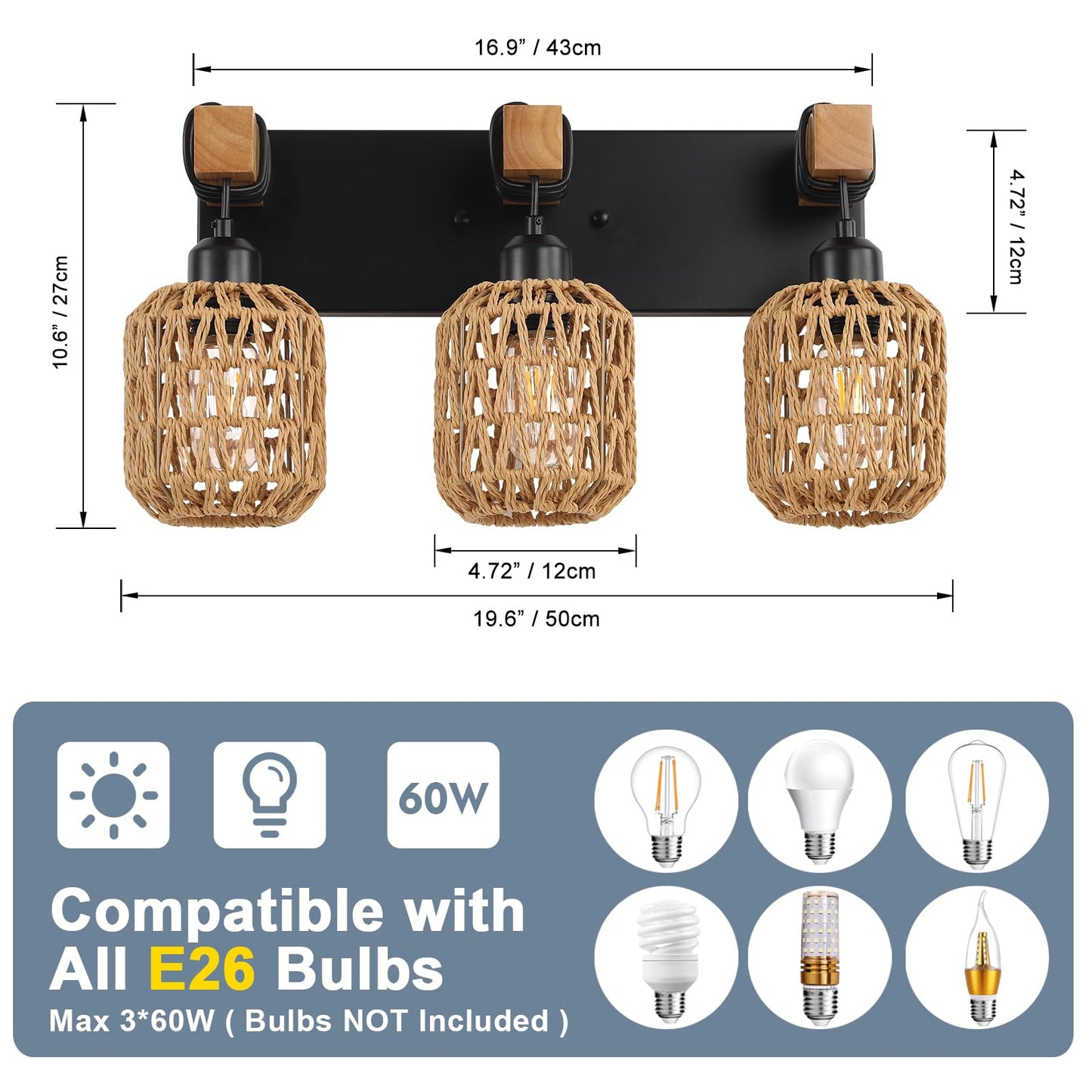 3 Light Bathroom Vanity Light Fixtures, Rustic Style Wood Bathroom Wall Sconce, with Boho Wicker Lampshade,Suitable for Bedroom, Hallway, and Living Room,Rattan Black Farmhouse Wall Sconce