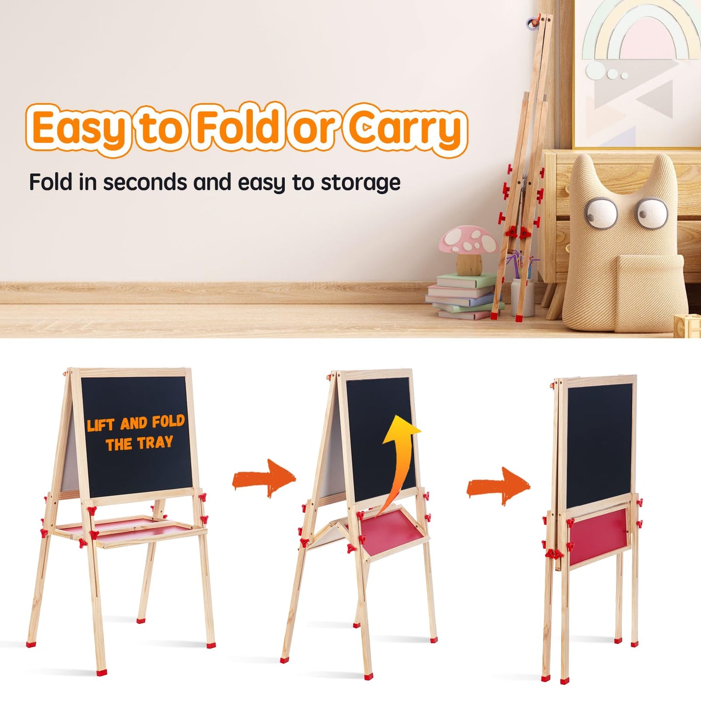 Wooden Adjustable Easel for Kids,Quick-Fold Kids Easel with Paper Roll&Accessories, Double Sided Painting Easels for Toddlers 3,4,5,6,7,8,9,10 Years,Perfect Painting Gifts&Supplies for Boys&Girls