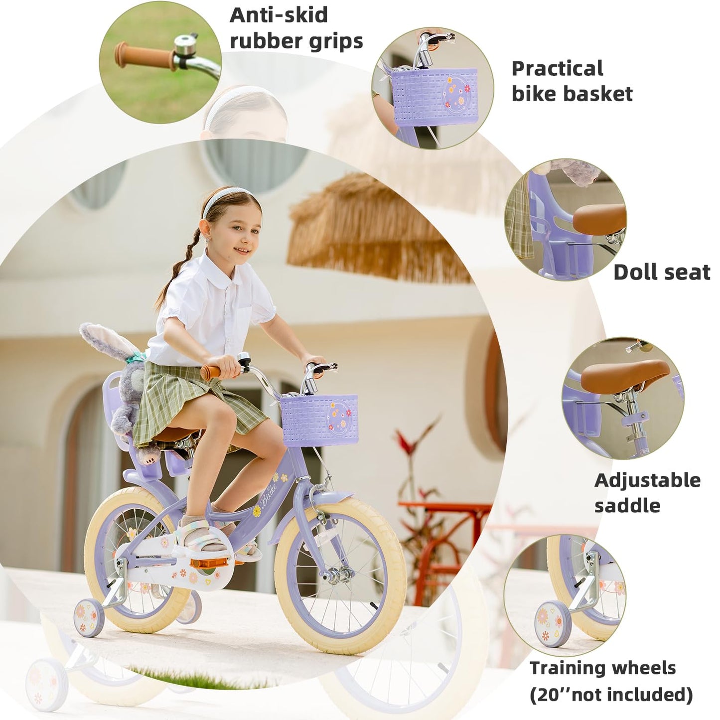 Bixike Girls Bike with Basket for Toddlers and Kids Aged 3-14 Years Old, 14 16 18 Inch with Training Wheels & Doll Seat, 20 Inch with Kickstand & Rear Rack, Princess Style Bicycle for Gift