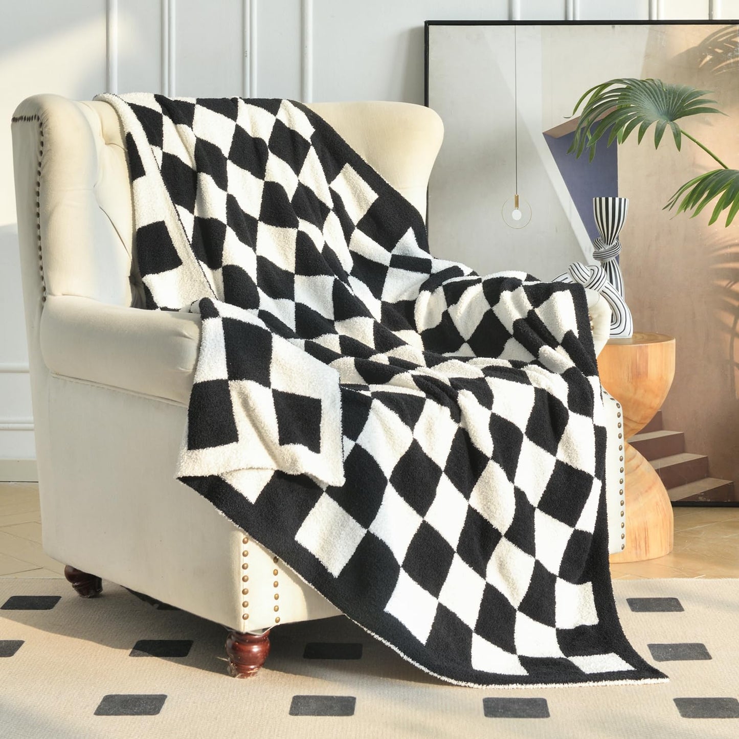 Xiashrk Checkered Throw Blanket for Couch, Checkerboard Blankets for Sofa Bed, Cozy Checkered Decorative Travel Blanket for Living Room Camping (Black, Twin 60"x80")