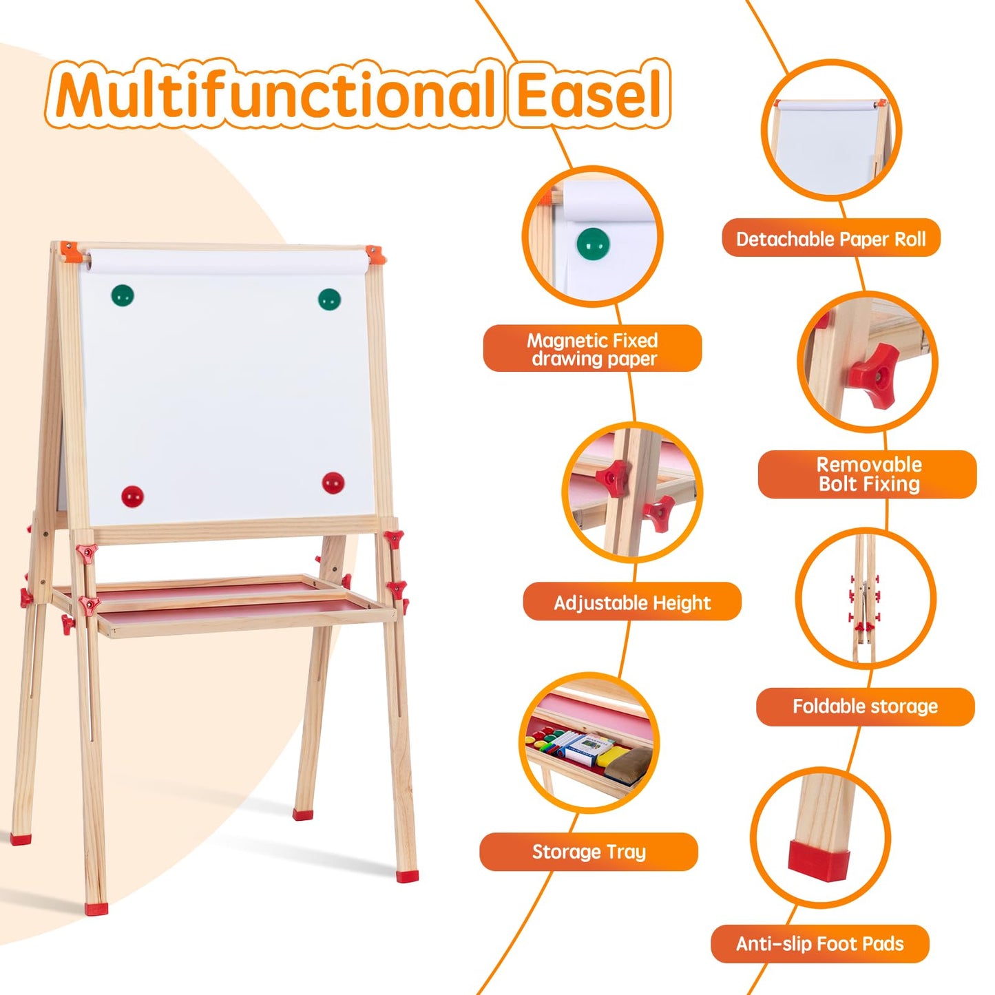 Wooden Adjustable Easel for Kids,Quick-Fold Kids Easel with Paper Roll&Accessories, Double Sided Painting Easels for Toddlers 3,4,5,6,7,8,9,10 Years,Perfect Painting Gifts&Supplies for Boys&Girls