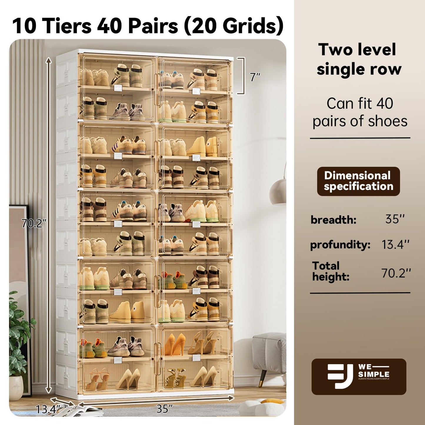 wesimple 40 Pairs Shoes Storage Cabinet of 3-Step Fast Installation,Plastic Shoe Box with Clear Magnetic Door for Display, Shoe Organizer for Sneaker, Sandals, Heels (2 Row, 10 Tier)