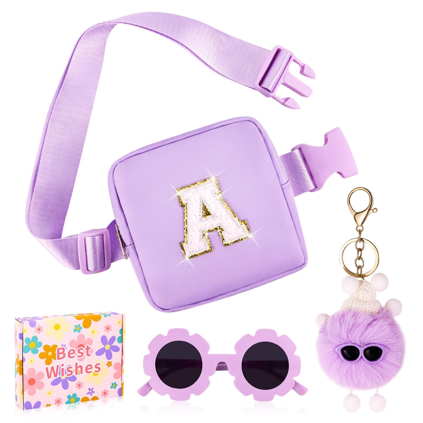 WINOWIMO Personalized Mini Fanny Pack for Kids with Sunglasses & Cute Keychain, Small Initial Belt Crossbody Bag Purse for Teen Girls, Birthday Gifts for 3 4 5 6 7 8 9 10 Years Old Kid (A, Purple)