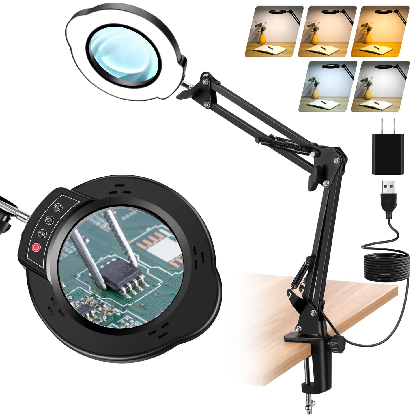 10X Magnifying Glass with Light, 5 Color Modes Stepless Dimmable LED Desk Lamp, Hands Free Lighted Magnifying Glass for Close Work Reading Craft Hobby