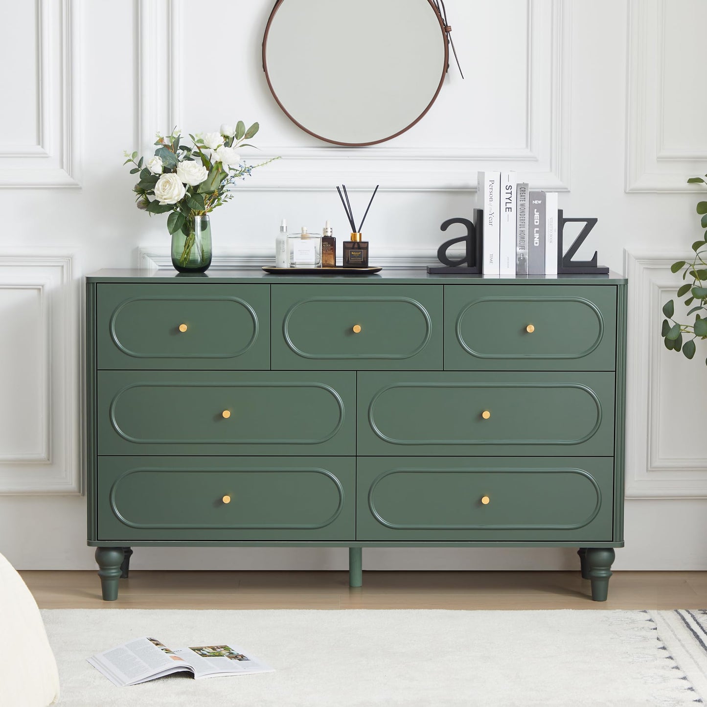 7 Drawer Fluted Dresser for Bedroom, Mid Century Modern Chest of Drawers, Wood Storage Large Dresser Organizer for Bedroom Living Room Hallway Closet, Green