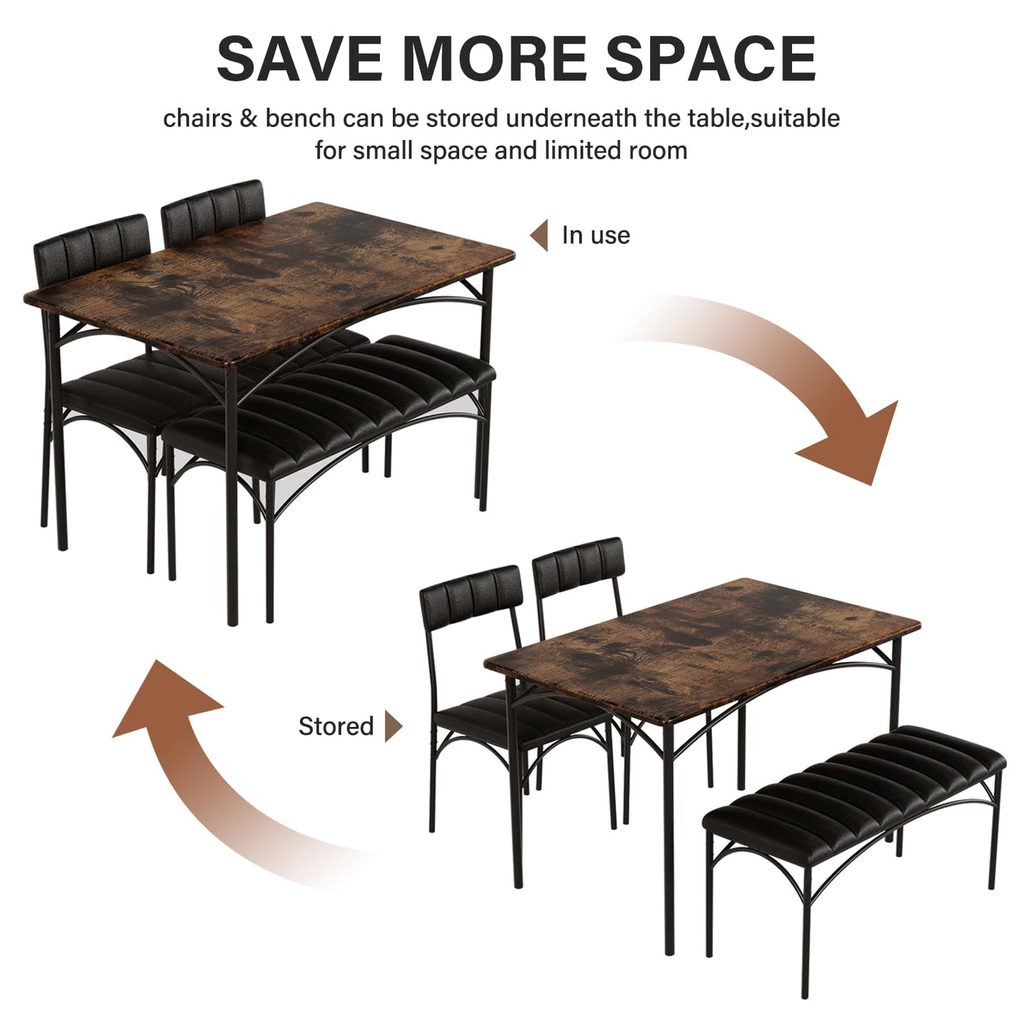 4 EVER WINNER Dining Table Set for 4, Kitchen Table with Upholstered Bench and 2 Chairs, Dining Room Set for Small Space, Apartment, Kitchen, Rustic Brown