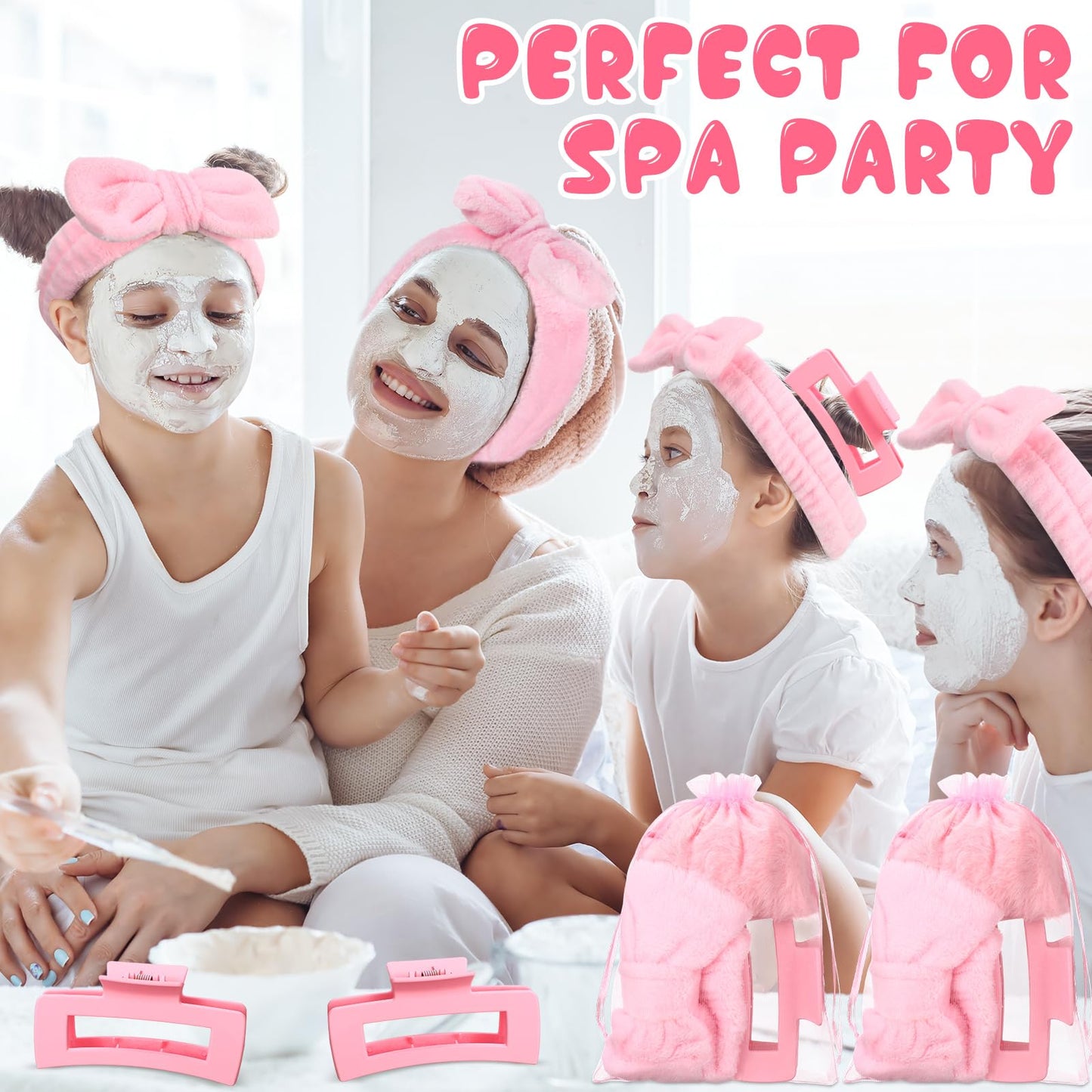 Wavyknot 48 Pcs Spa Party Supplies Sleep over Essentials 12 Pink Spa Headband 12 Pink Plush Sleep Eye Mask 12 Claw Clips 12 Organza Bags for Slumber Party Gift