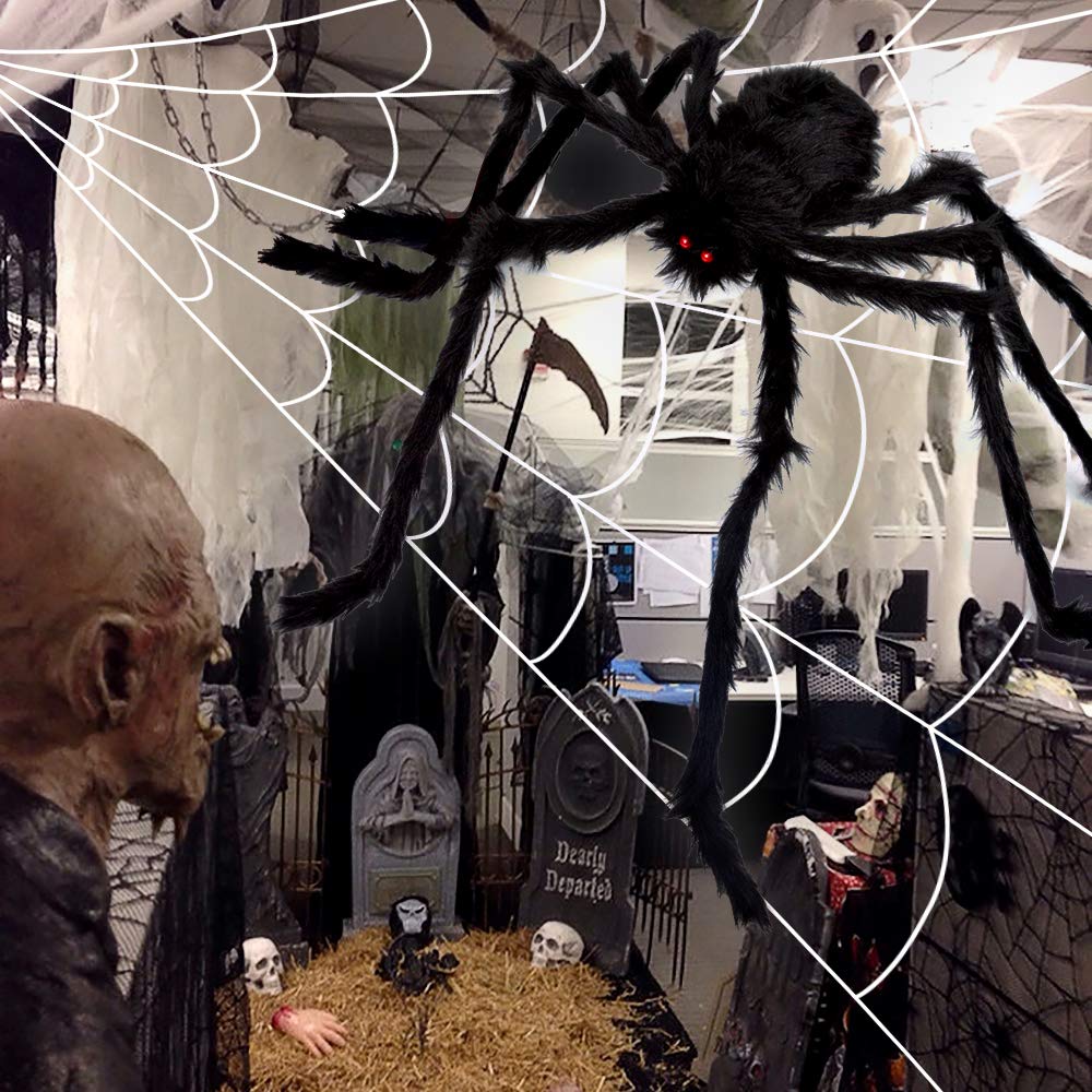 200" Halloween Spider Web + 59" Giant Spider Decorations Fake Spiders with Triangular Huge Spiders Web for Indoor Outdoor Halloween Decorations Yard Home Costumes Parties Haunted House Décor