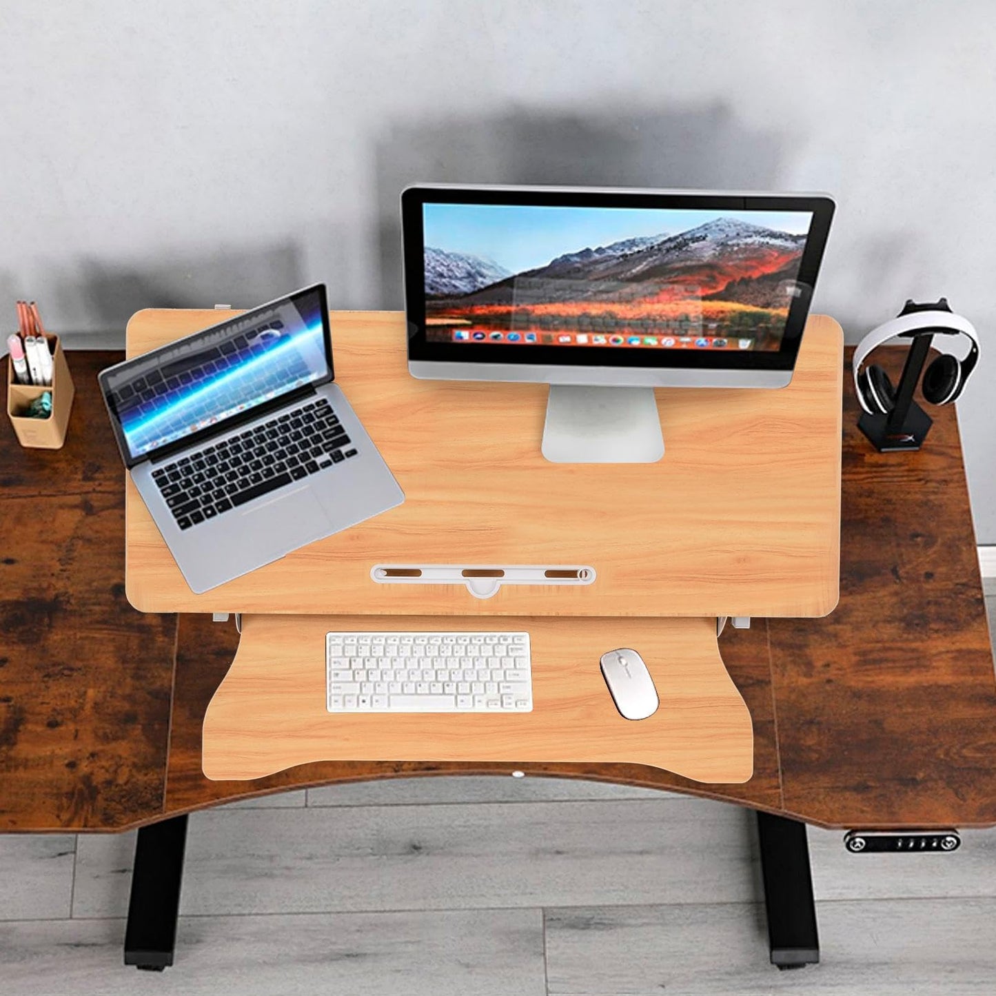 37 Inch Standing Desk Converter - Manual Pneumatic Spring, Two Monitor Stable Standing Desk Converter,5.9” To 18.8” Height Adjustable Laptop Workstation With Keyboard Tray For Home, Company(Log Color)