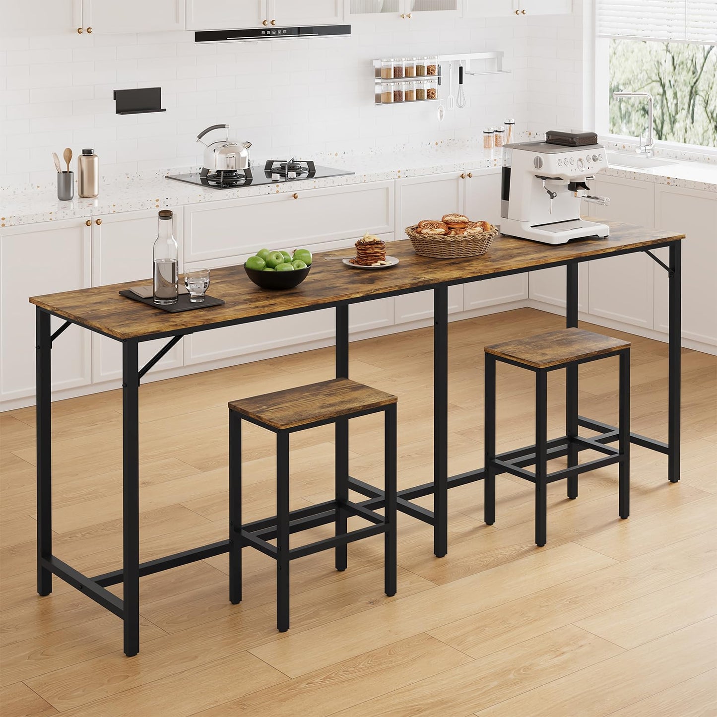 YATINEY 70.9" Bar Table and Chairs Set, Dining Table and Chair Sets, 3 Piece Counter Height Table and 2 Stools, Kithcen Table for Home Restaurant, Bar, Rustic Brown BT09BR