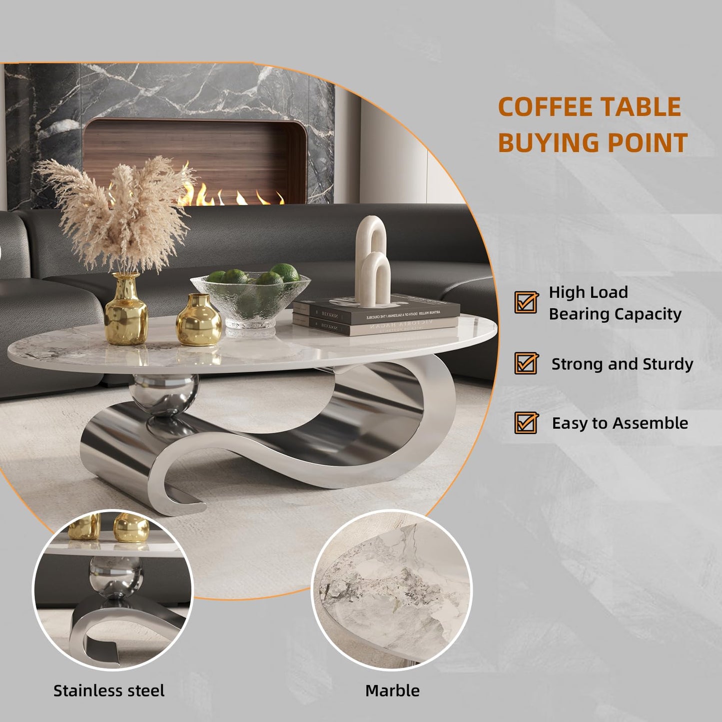 52" Marble Coffee Table for Living Room - Modern Luxury Gold Metal Base Coffee Table, Scratch-Resistant, Easy Assembly, Accent Furniture for Home Decor (Silver)