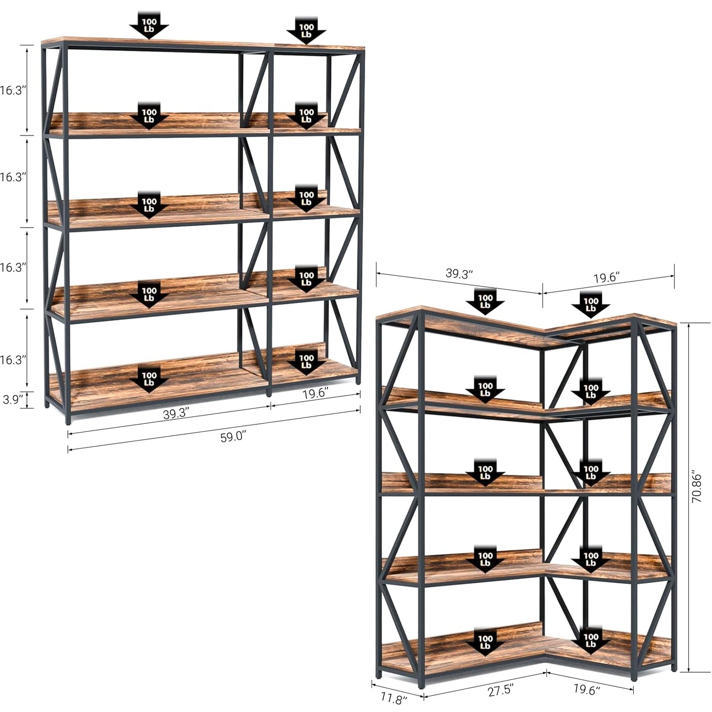 5 Tier Bookshelves with LED Plant Grow Lights, Convertible Corner Bookshelf with Baffles, 70" Tall Industrial Bookcase, Display Shelf, Wood Shelves with Metal Frame for Living Room Bedroom Home Office