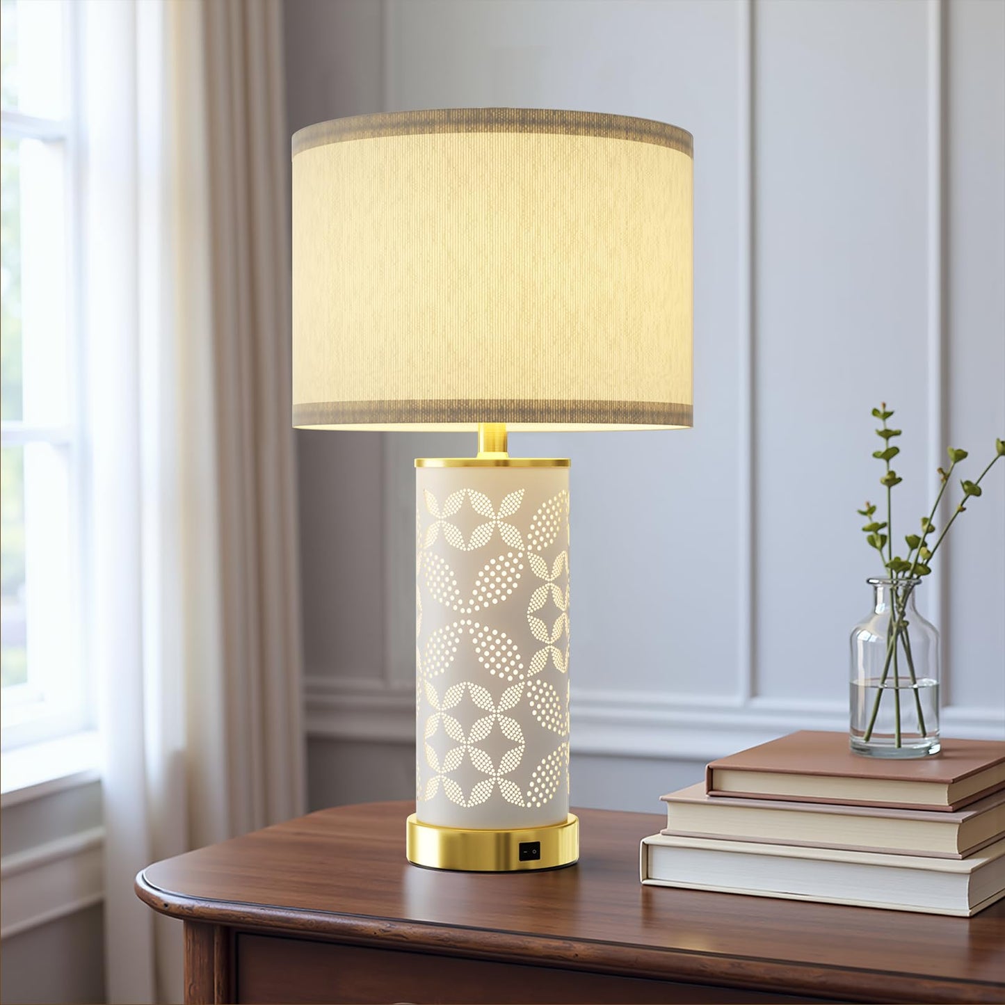 22'' Modern Ceramic Table Lamps Set of 2, Bedside Lamps with Hollow-Out Ceramic Design,USB A+C & 3 Color Temperature, Lamps for Night Stands with Night Light for Living Room and Bedroom(with 2 Bulbs)