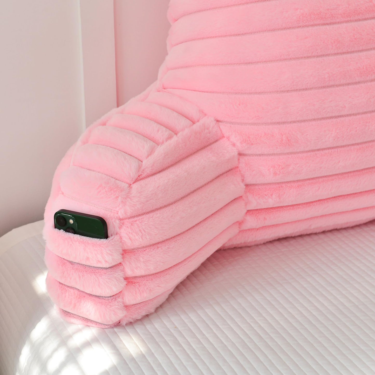 Yaoshuho Large Reading Pillow for Adults, Back Support Pillow for Sitting Up in Bed with Arms, Couch for Lounging Bedrest, Pink