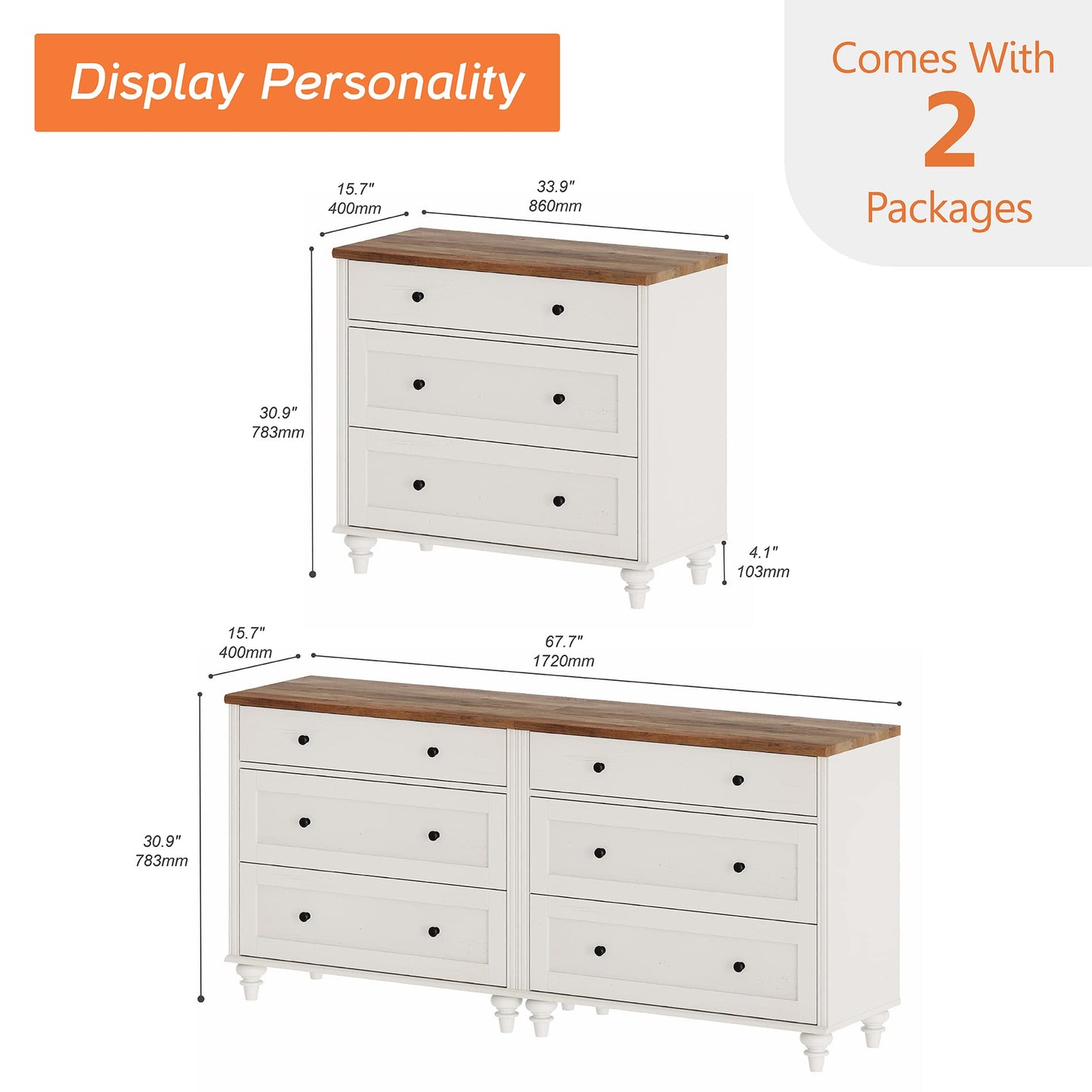 WAMPAT Dresser for Bedroom with 6 Drawers, White Dressers with Wide Chest of Drawers, Mid Century Modern Wooden Closet Storage Organizer, Large Kids Dressers for Living Room, Nursery, Hallway