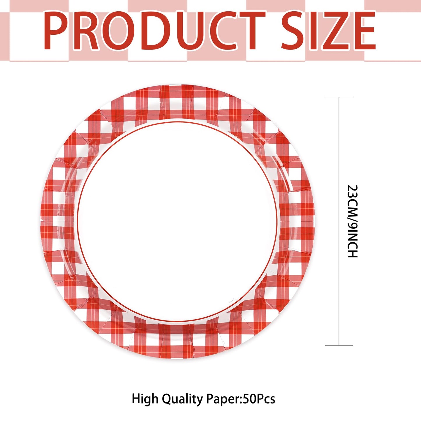 50 Pcs Red and White Gingham Paper Plates 9" Red Gingham Checkered Plaid Dessert Plates Disposable Red and White Gingham Party Supplies for Picnic Barbecue Baby Shower Birthday Party Decorations