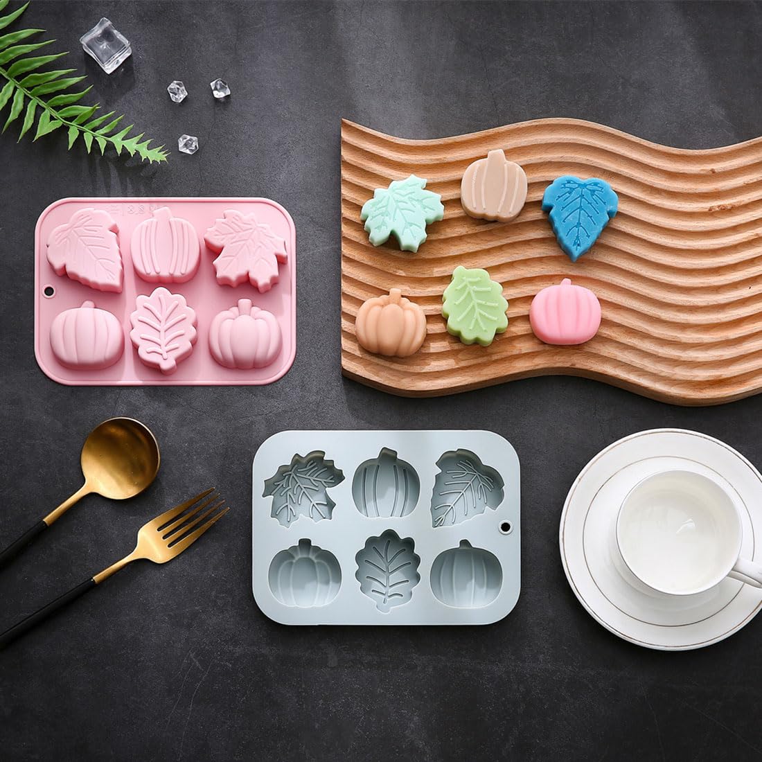 2 Pack Harvest Thanksgiving Themed Silicone Cake Molds 6 Cavity 3D Autumn Pumpkin Maple Leaves Mould Tray DIY Baking Fall Décor Tools for Chocolate Candy Mousse Dessert Gummy Handmade Soap Clay