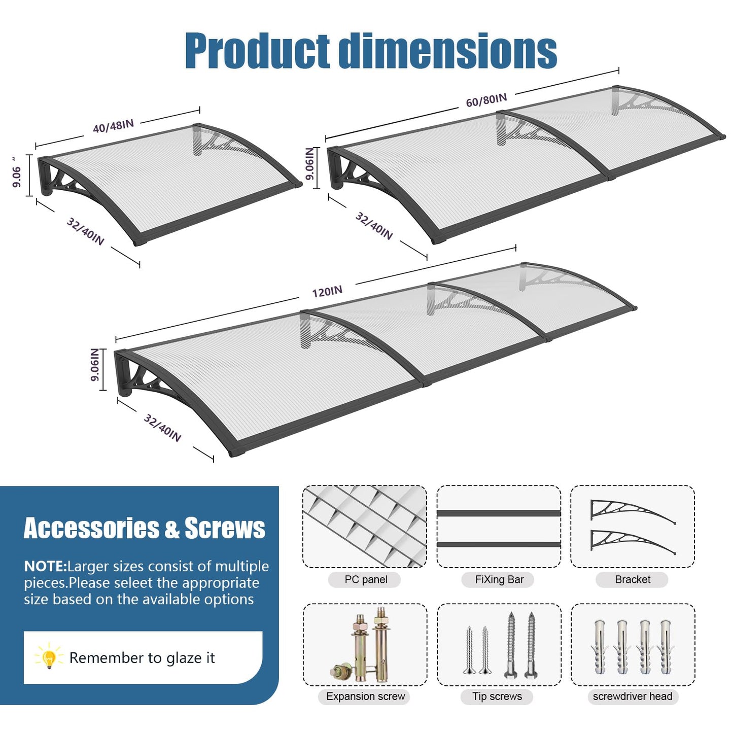60x80'' Window and Door Exterior, UV/Rain/Snow/Sunlight Protection Sheet,UPF 50+ Polycarbonate Overhang Canopy,House Overdoor Awnings for Door Entrance Outside/Patio/Porch/Deck