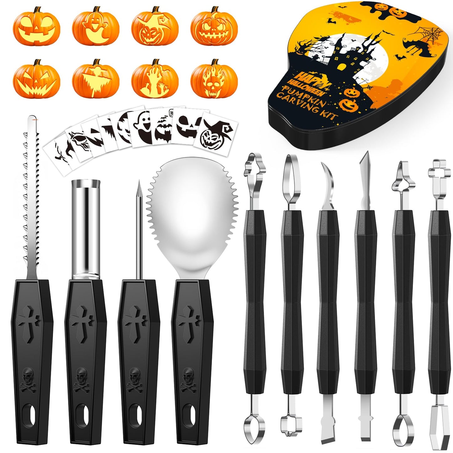 25PCS Halloween Carving Kit With Stencils, Professional Tools for Adults, Knife, Set for Pumpkin Decorations