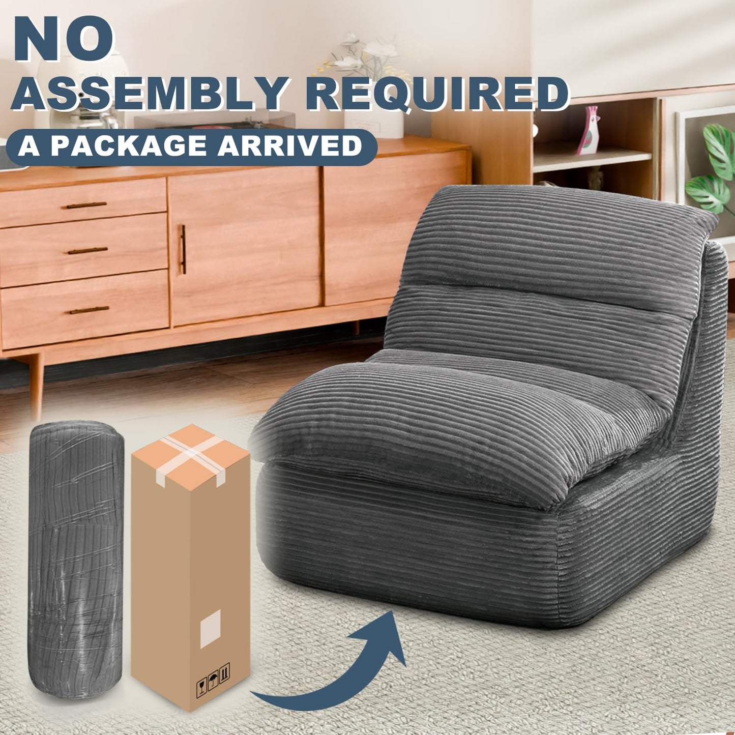 Vonesse Bean Bag Chair, Double-Layered Bean Bag Chair for Adults, Comfortable Memory Foam Bean Bag Sofa, Corduroy Bean Bag Couches for Living Room Bedroom (Dark Grey)