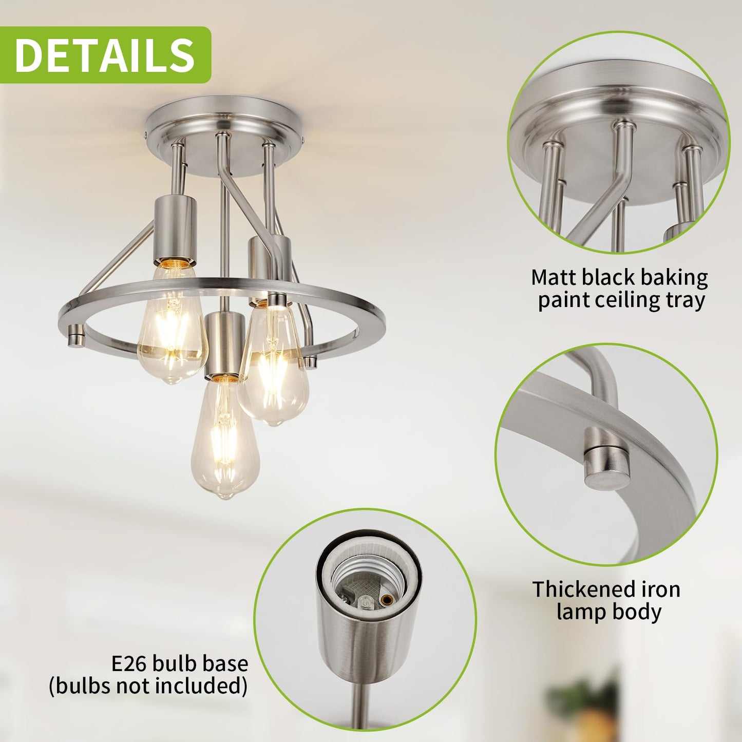 WILON Brushed Nickel Semi Flush Mount Ceiling Light - 3-Light Ceiling Light Fixtures Farmhouse Kitchen Light Industrial Hallway Light Fixtures E26 Socket Ceiling Lamp for Hallway Kitchen Foyer