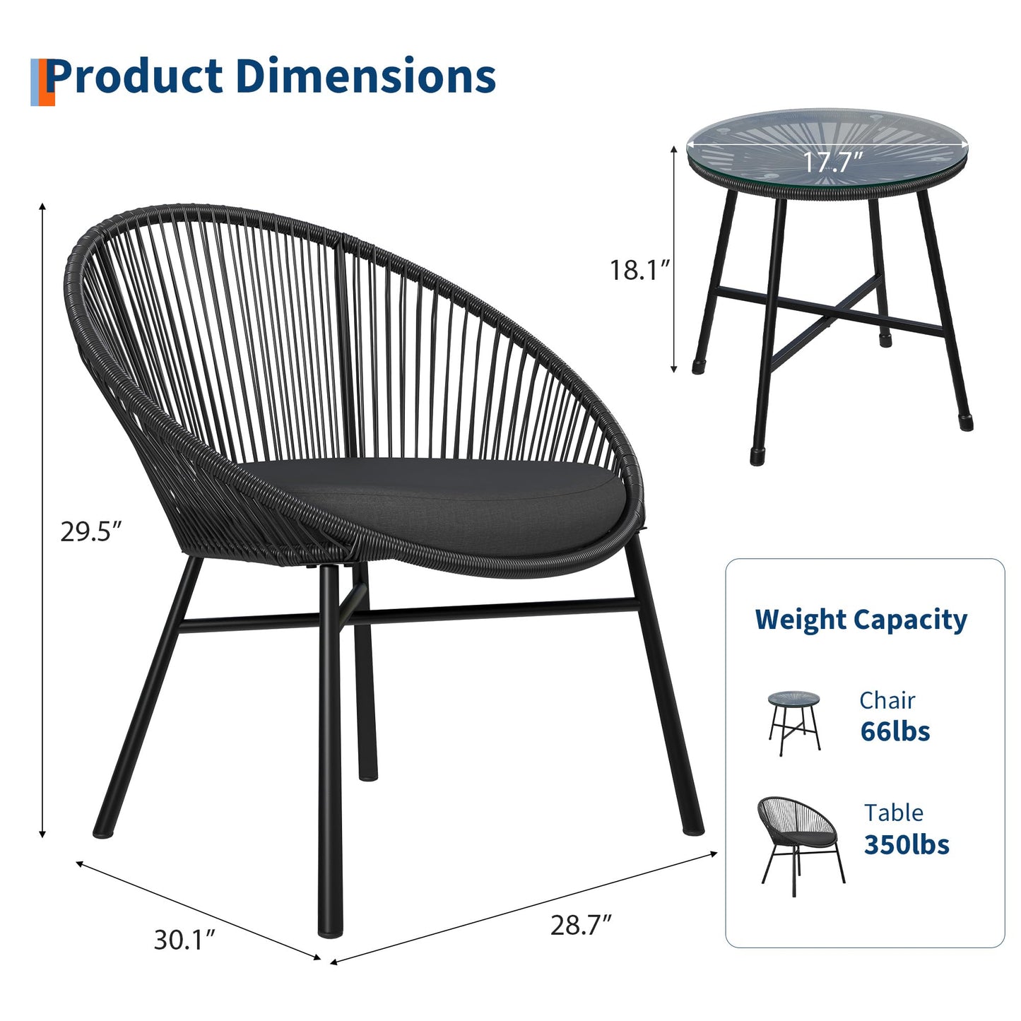 3 Piece Patio Bistro Set, Outdoor Acapulco Chairs Set of 2 with Glass Top Table, All Weather Modern Patio Chairs with Cushions, Patio Conversation Bistro Set for Deck, Backyard, Balcony, Porch, Black