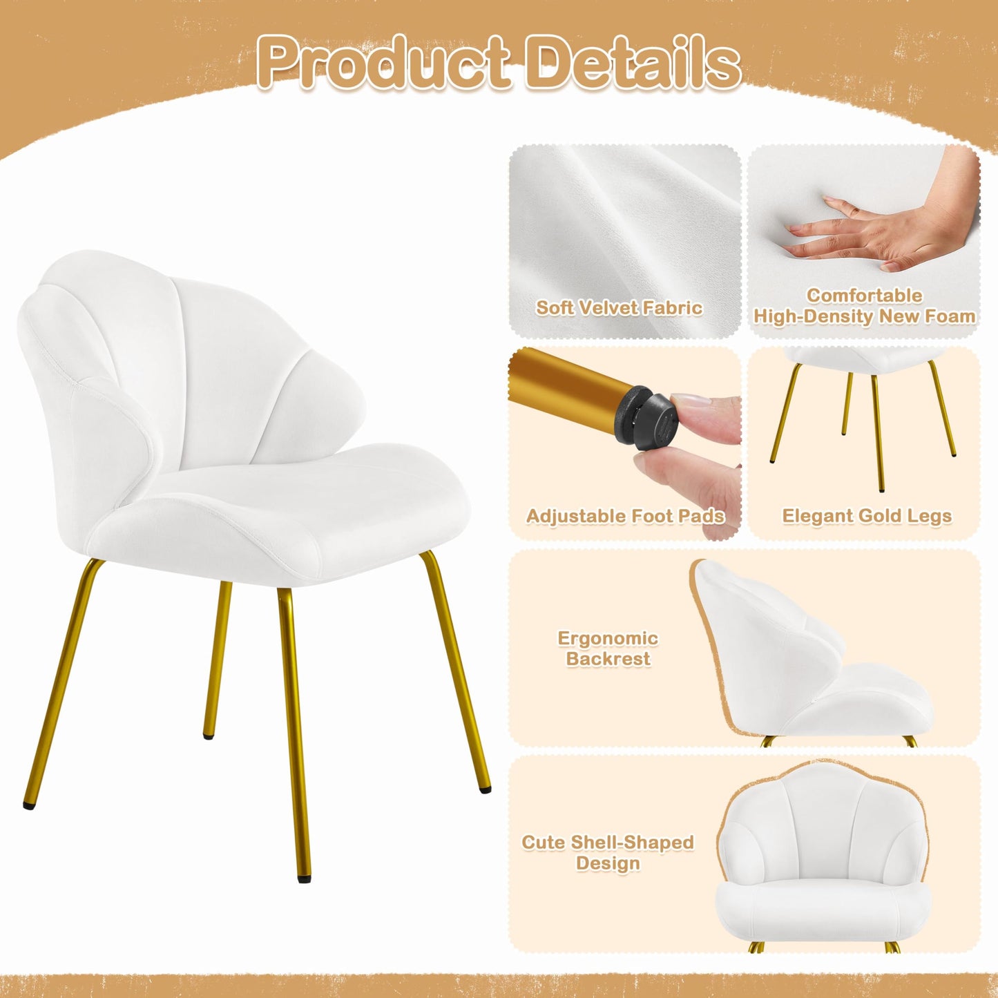 Yaheetech Vanity Chair, Velvet Accent Chair with Shell-Shaped Backrest, Modern Armchair with Gold Metal Legs for Dressing Room/Bedroom/Living Room, White
