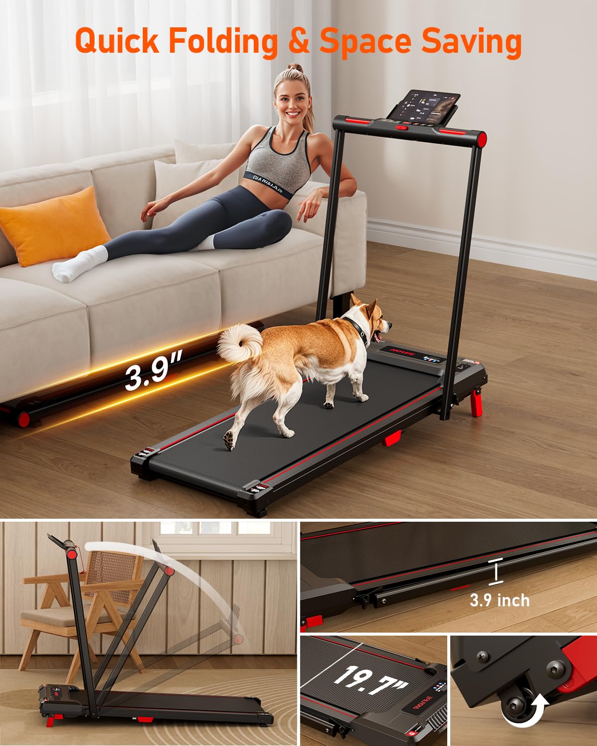 Walking Pad with Handle Bar, Anylife Incline Walking Pad Foldable Treadmill, 2.5HP Portable Under Desk Treadmills for Home, Compact Treadmill 330lb Capacity with LED Display, Purple