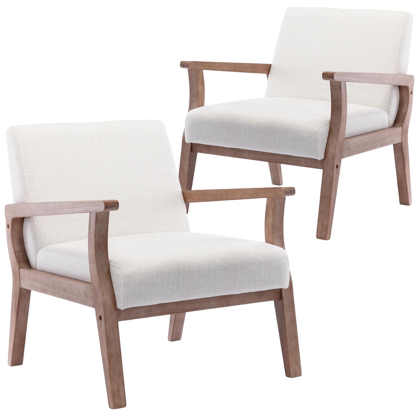 Wahson Comfy Living Room Chairs Set of 2, Linen Upholstered Accent Chairs, Farmhouse Armchairs with Natural Wood Frame, Oversized Decorative Chair for Bedroom, Beige