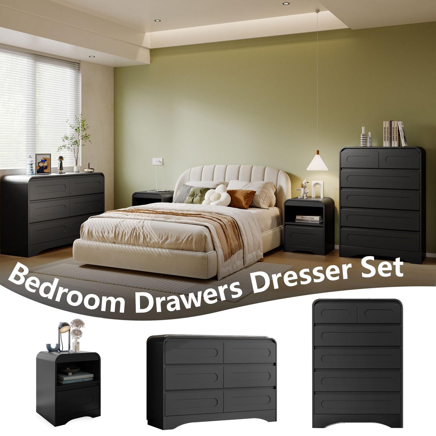 3 Pcs Bedroom Set, Modern Bedroom Furniture Set, Wood 6 Drawer Dresser and 2 Drawer Nightstand Set of 2, Chest of Drawers Wide Storage Organizer Cabinet Set, Black