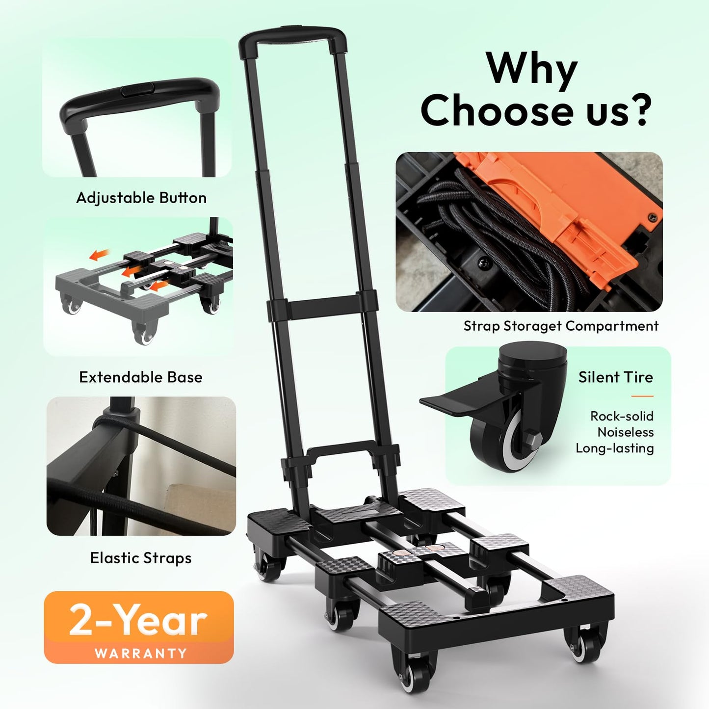Voipvvii Folding Hand Truck 500lbs Heavy Duty Portable - 6 Wheels Collapsible Design with 2 Elastic Ropes, Lightweight 6.5lbs for Travel, Moving & Storage