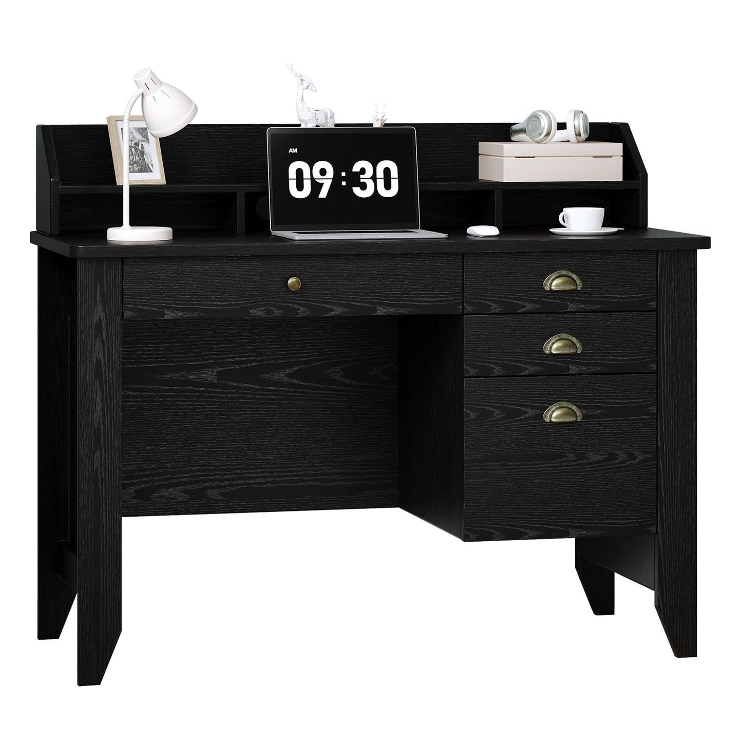 4 EVER WINNER Black Desk with Drawers, Small Computer Desk with File Drawer & Hutch for Small Spaces, Home Office Desks Writing Study Table with Monitor Stand, Black