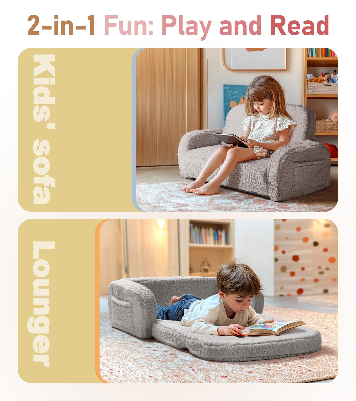 2-in-1 Sherpa Fold Out Kids Couch, Extra Wide Comfy Toddler Chair, Convertible Kids Sofa to Lounger, Foldable Toddler Couch with High Density Foam, Modern Kids Sofa Bed for Boys & Girls 3+, Gray