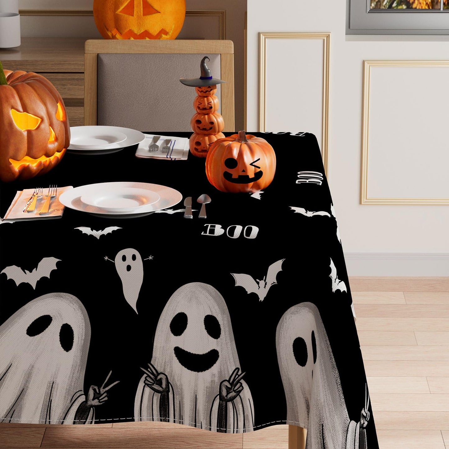 XCHI Spooky Black Ghost Halloween Tablecloth Rectangle Washable Table Covers for Indoor Outdoor Dining Home Party Decorations Table Cloth 60x84 Inch