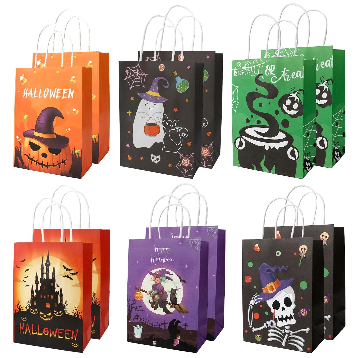 12 PCS Halloween Bags with Handles, 6 Styles Halloween Paper Bags for Gift Candy Goodie Snacks Treat Cookie Wrap Party Favors Supplies Decorations Trick or Treat Horror theme Birthday Baggies Pouch