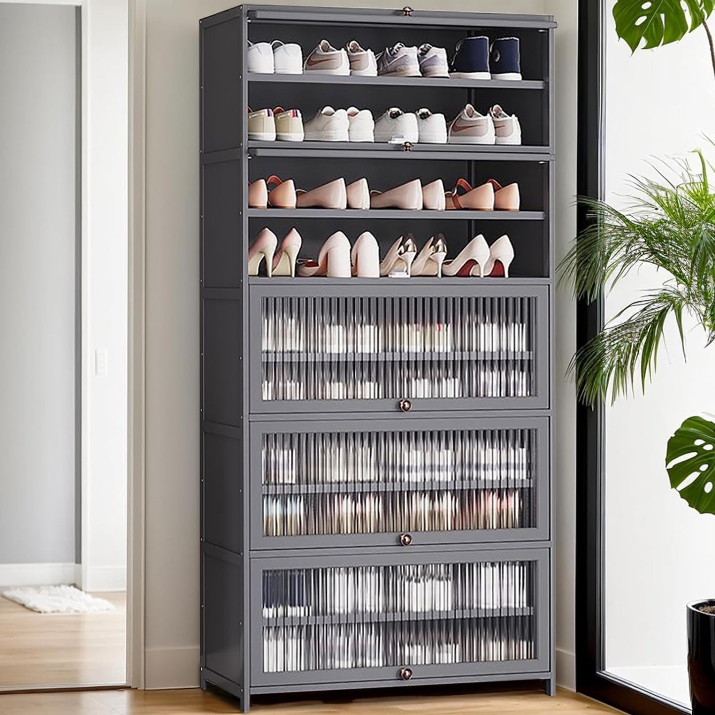 walkclpck Bamboo Shoe Cabinet with Acrylic Door,10-Tier Shoe Storage Rack, 40-45 Pairs Freestanding Shoe Rack, Entrance Shoe Cabinet for Hallway Living Room