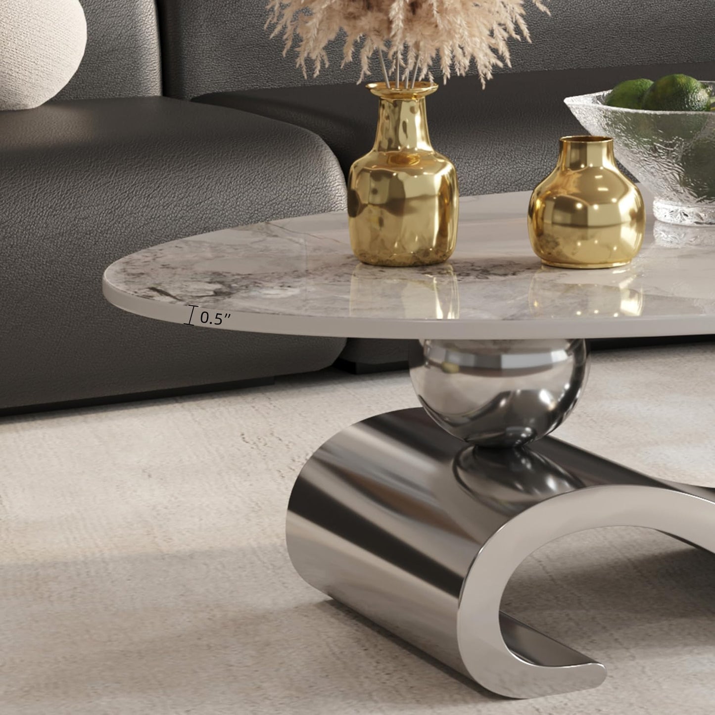 52" Marble Coffee Table for Living Room - Modern Luxury Gold Metal Base Coffee Table, Scratch-Resistant, Easy Assembly, Accent Furniture for Home Decor (Silver)