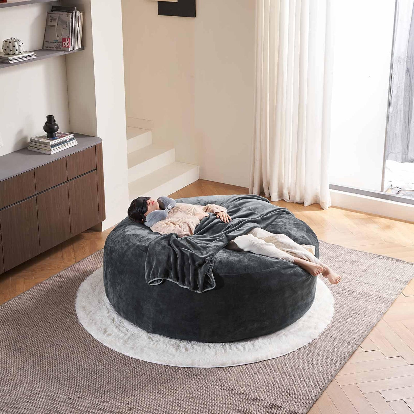 7FT,Oversized Bean Bag Chairs for Adults,Bean Bag Chair with Filler Included,Giant Bean Bag Chair Covered with Flannel Cover, Living Room Furniture, Suitable for Bedroom and Dormitory. (Dark Gray)