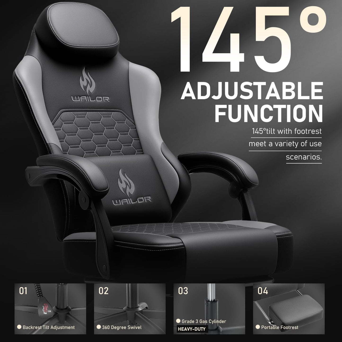 WAILOR Gaming Chair with Massage and Packet Spring Cushion,Ergonomic Gamer Chairs for Adults with Footrest 300lbs,High Back Gamer Leather Chair with Headrest and Lumbar Support