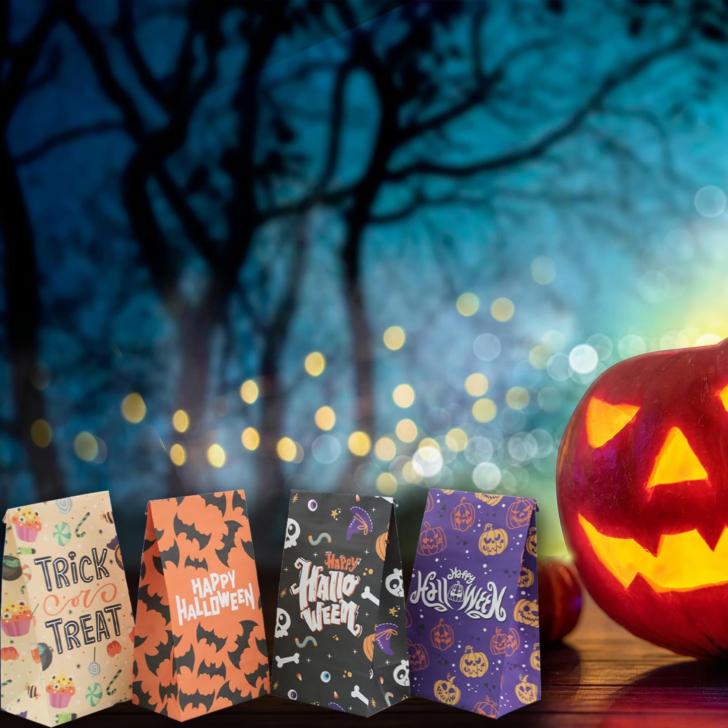 Whiosyrt 24 Pcs Halloween Treat Bags(With 24 Pcs Sealing Stickers) Paper Candy Bag Party Favors, Trick or Treat Goody Gift Treat Bags, Bulk Candy Bag for Party Supplies