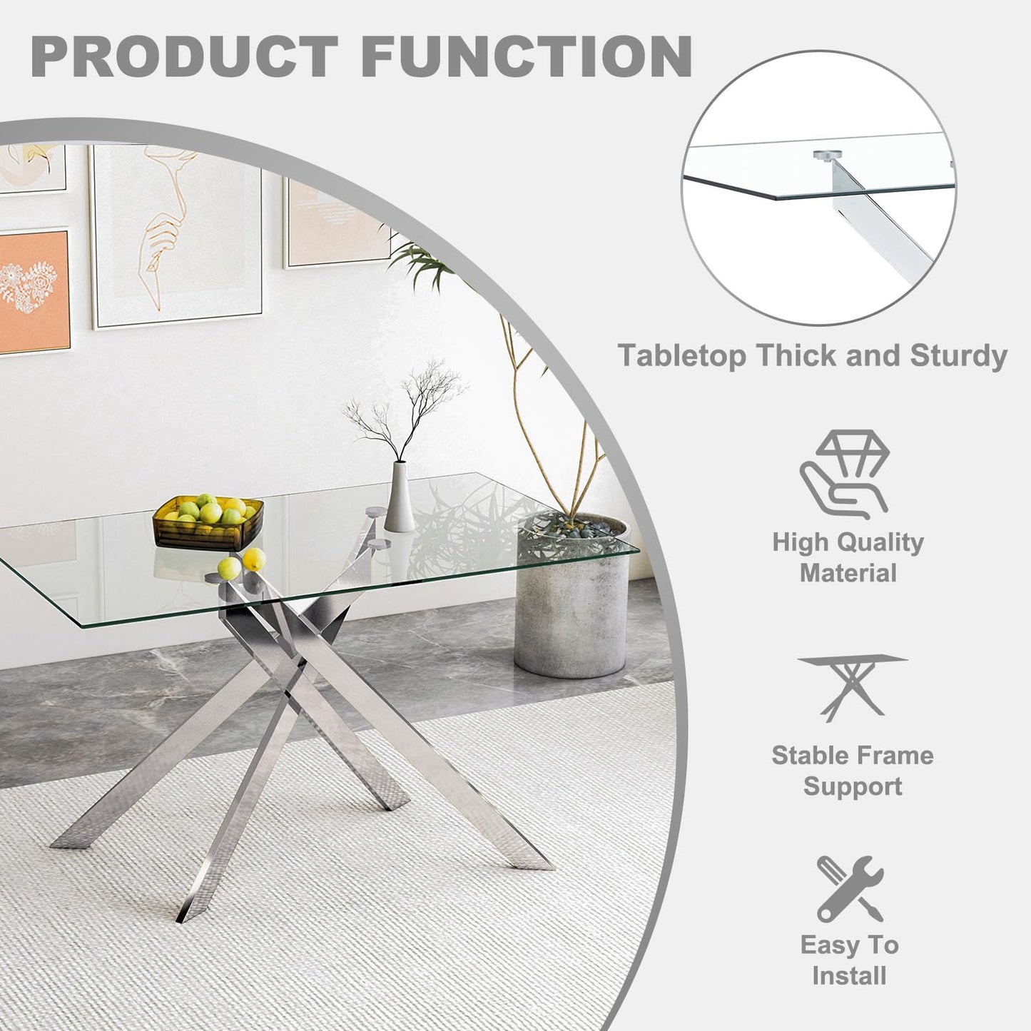 XUNGSUN 51 Inch Glass Dining Table Set for 4, Rectangular Glass Kitchen Table with 4 Upholstered Velvet Accent Chairs, 5 Piece Modern Dining Room Set, for Home, Apartment, Small Spaces - Grey Silver