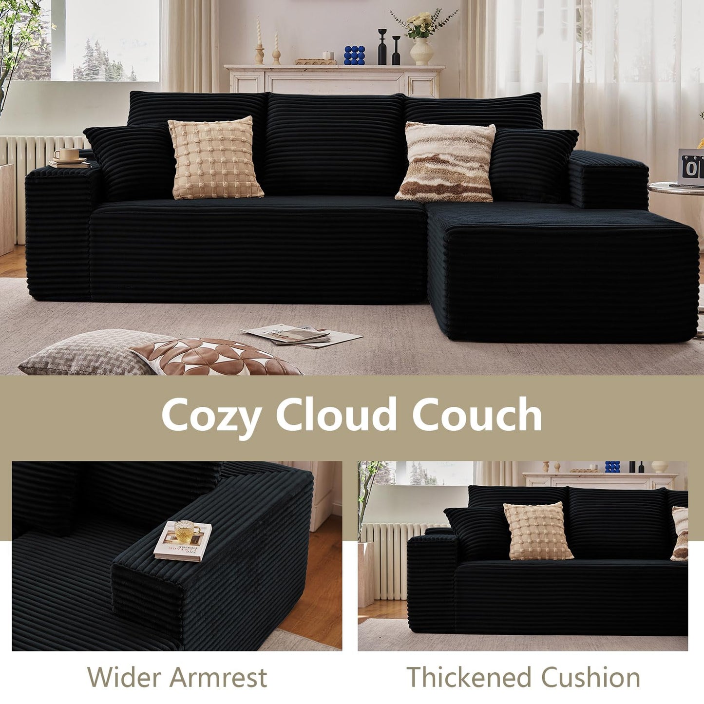 107" Modular Sectional Couches for Living Room, Comfy Boneless L Shaped Cloud Couch with Chaise Lounge, Modern Cozy Corduroy Deep Seat Floor Sofa, Memory Foam, No Assembly Required, Black