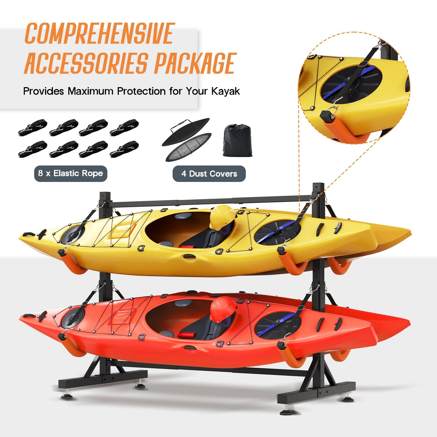 SPECRAFT Freestanding Kayak Storage Rack for 4 Kayaks, Adjustable Width Stand with Stable Base, 8 Elastic Ropes, EVA Tube Sleeves, for Indoor Outdoor Garage