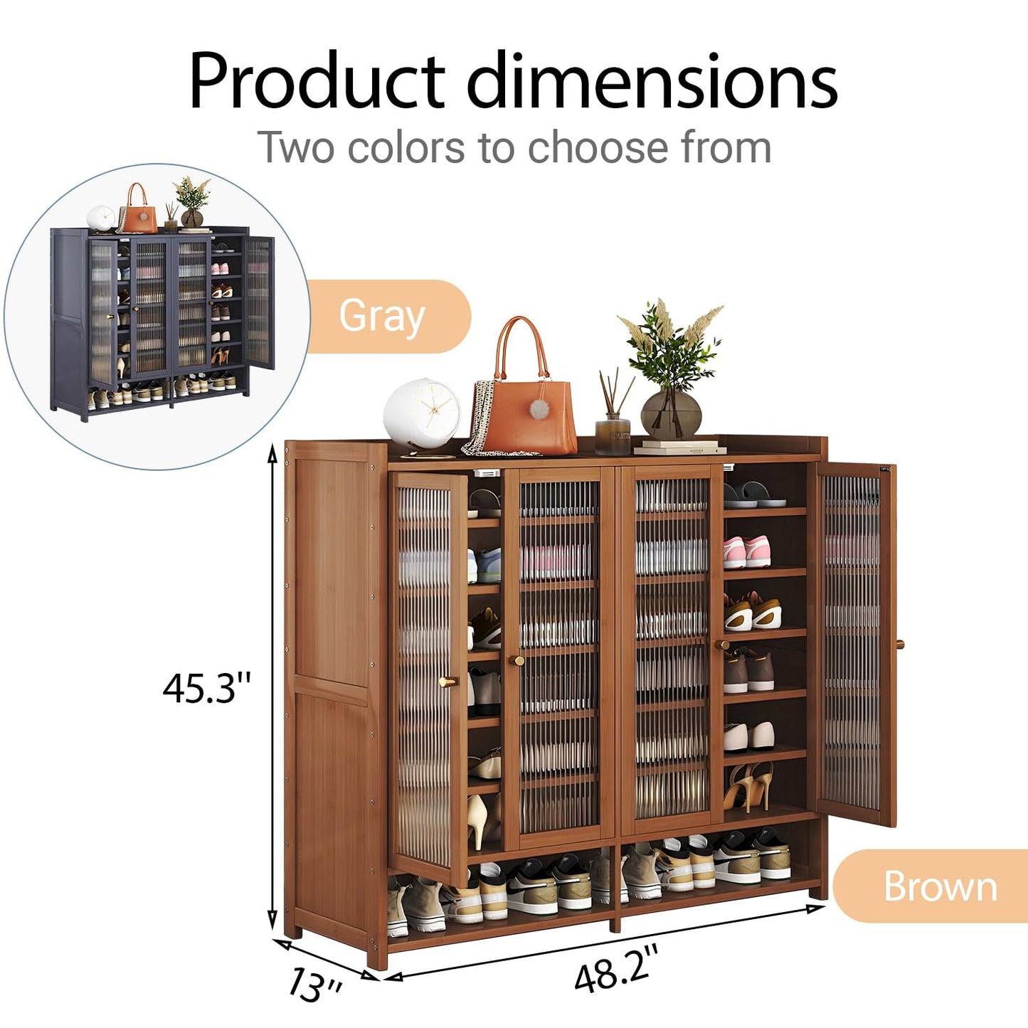 8 Tier Bamboo Shoe Cabinet, Shoe Storage Cabinet with Doors, 40 Pairs Shoe Organizer with Shelves, Freestanding Shoe Rack for Entryway, Hallway, Closet Living Room (Brown)