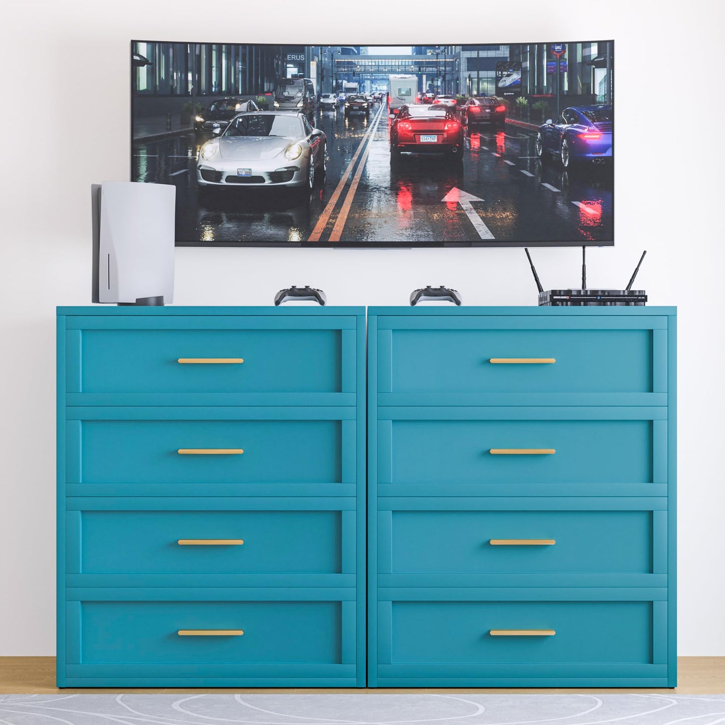 Washsemba Metal 4 Drawer Dresser,15.8" D x 31.5" W x 39.25" H,Home Peacock Blue Dresser for Bedroom,Storage Cabinet with 4 Drawers,Tall Dresser,Entryway, and Closet.Peacock Blue